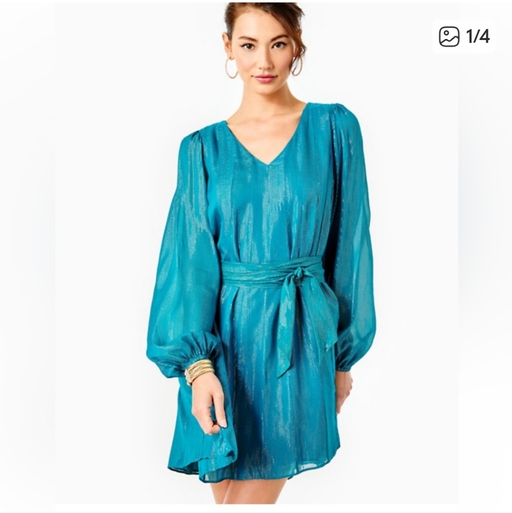 Lilly Pullitzer Aqua Teal Long Sleeve Dress, With Gold Delicate Touch.  Size XS.
